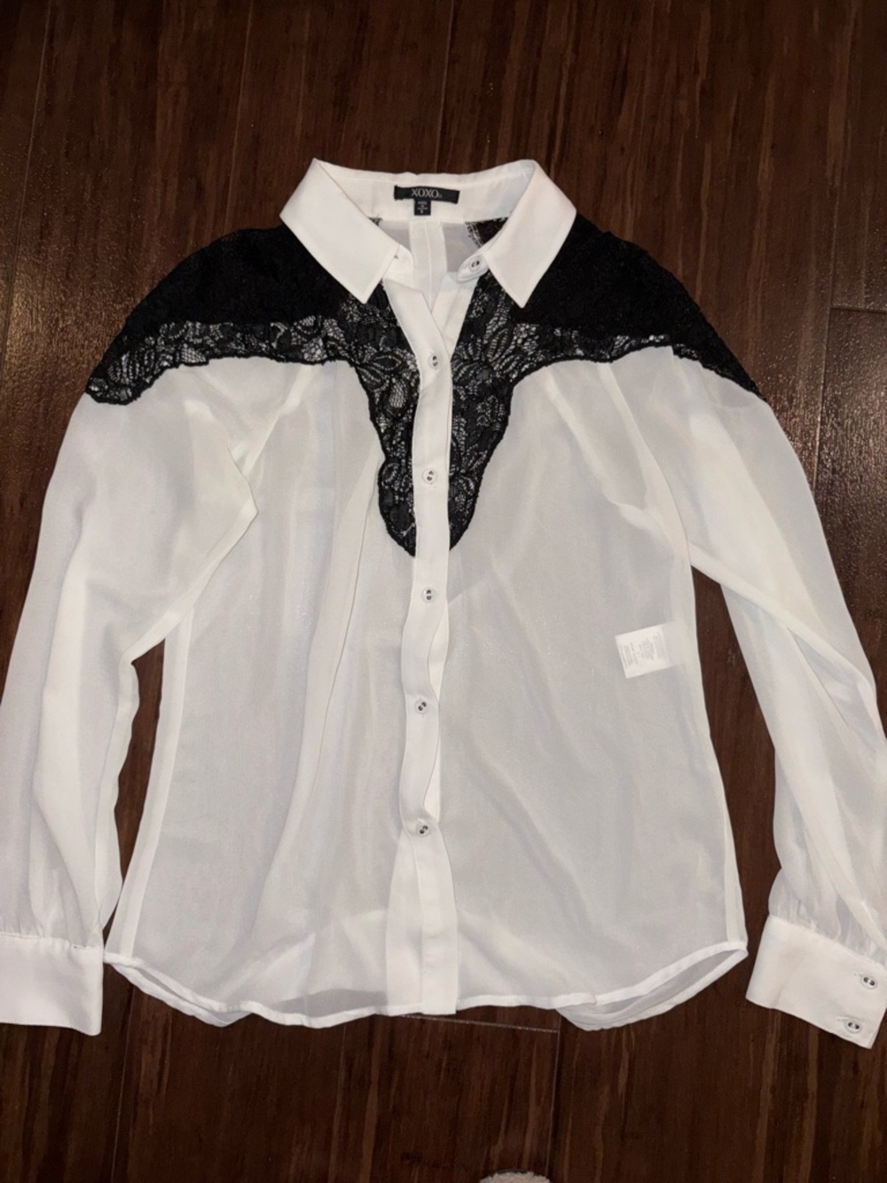 XOXO White Button-Up Blouse with Black Lace Yoke